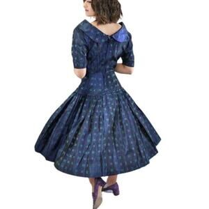 1950s Navy Blue Day Dress Purple Green Geometric Print Size Small